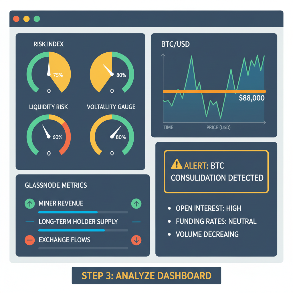 dashboard monitoring Glassnode metrics, Bitcoin chart at $88k consolidation, risk gauges and alerts