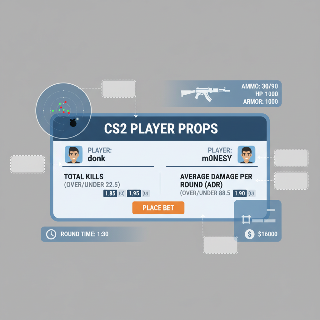 CS2 player prop bet slip with over/under lines for kills and ADR, tactical HUD overlay