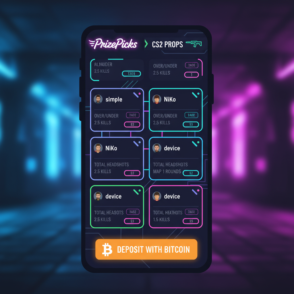 Sleek mobile app screen showing PrizePicks CS2 props with Bitcoin deposit button, neon cyberpunk style, high energy