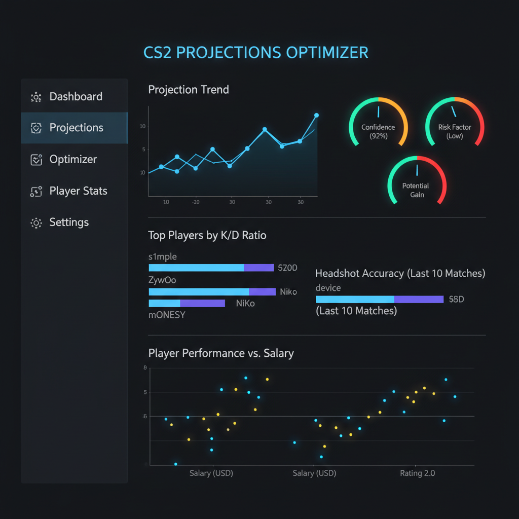 Dashboard of CS2 projections optimizer with player stats graphs, dark mode, glowing data viz