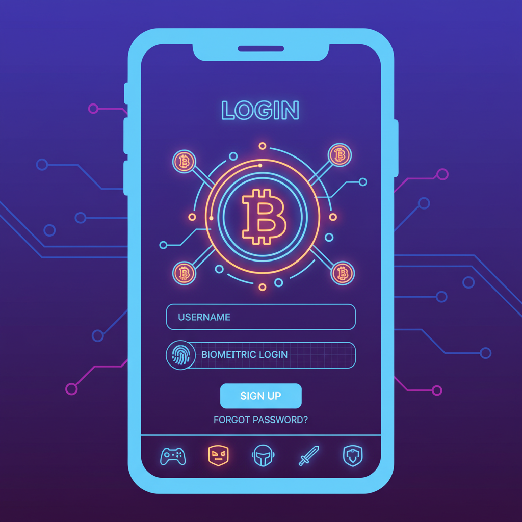 mobile esports betting app login screen glowing neon bitcoin icons cyberpunk