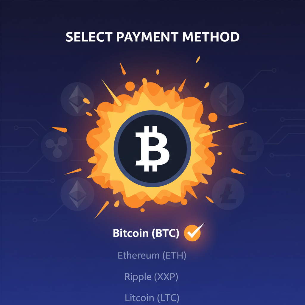 bitcoin logo selected in crypto payment menu fiery orange explosion