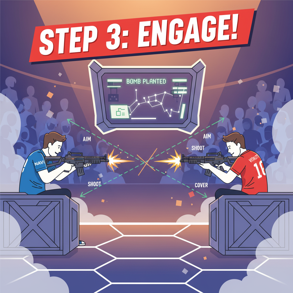 CS2 pros s1mple and ZywOo in intense firefight, dynamic action shot, esports arena glow