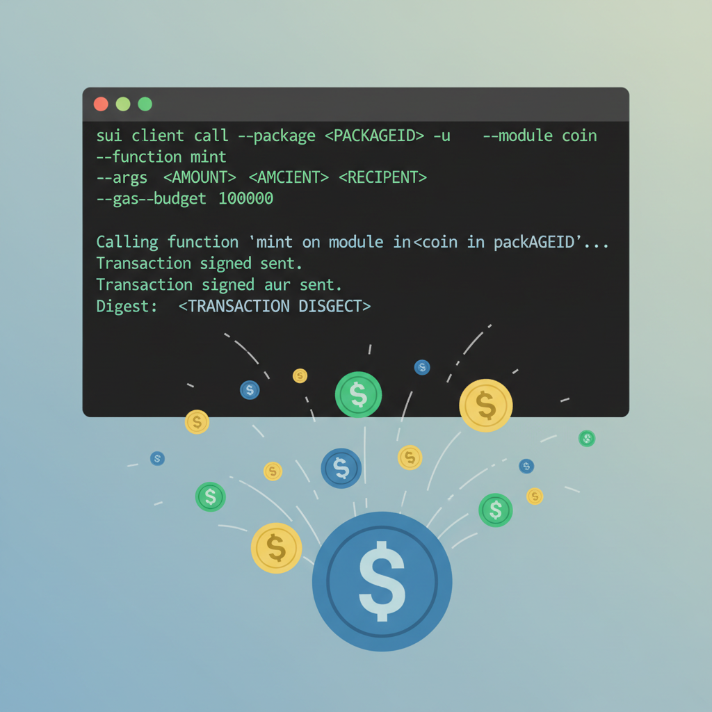 Executing Sui CLI call to mint coins, transaction digest output, coin icons flying