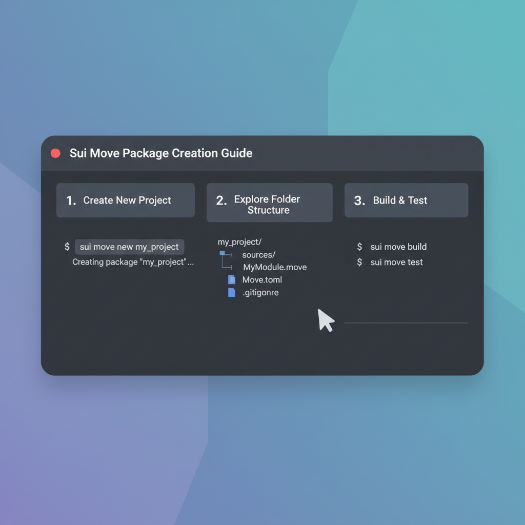Sui Move package creation in terminal, folder structure appearing, modern UI