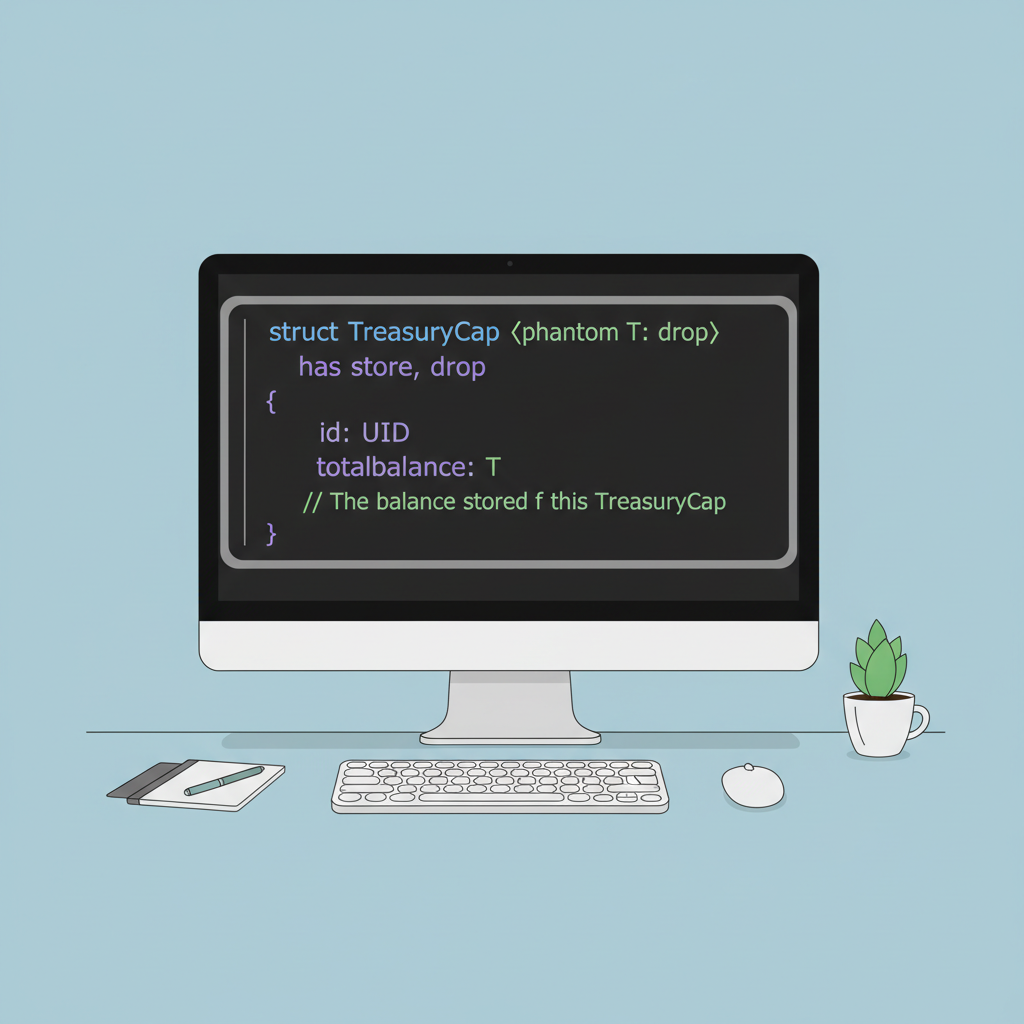 Sui Move code snippet defining TreasuryCap struct, syntax highlighted, developer desk setup