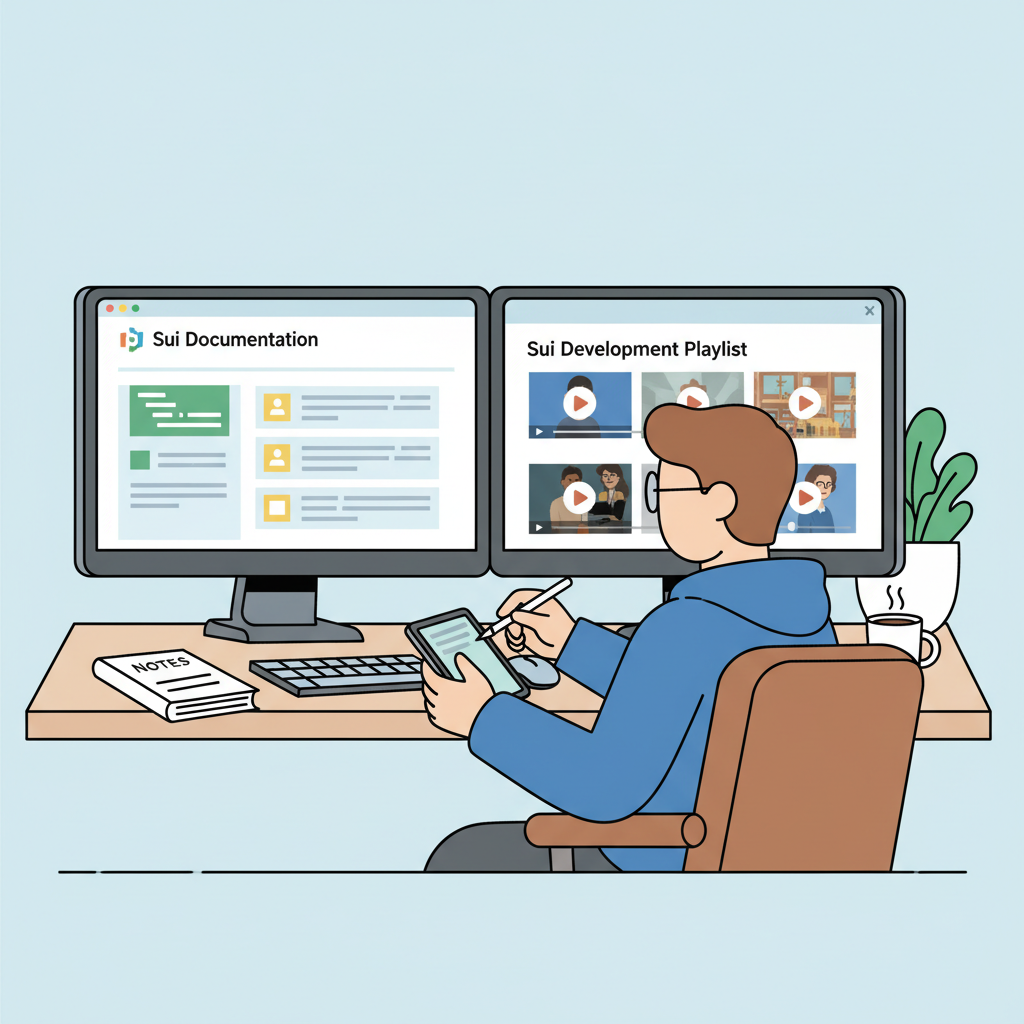 developer studying Sui docs and YouTube playlist on dual screens