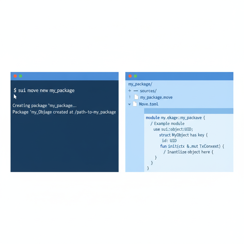 terminal command line creating new Sui Move package, clean code editor background, tech blue tones