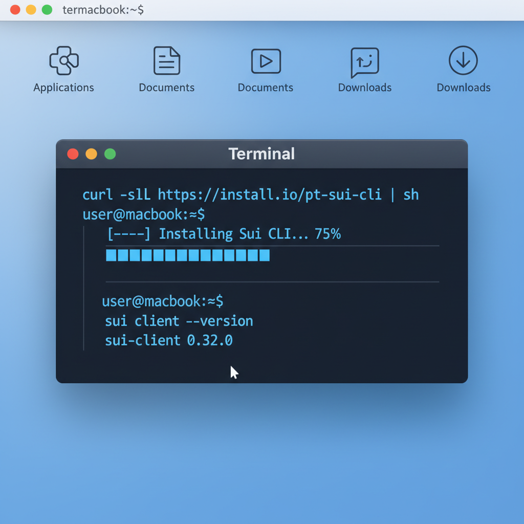 developer terminal installing Sui CLI on macOS, clean code window, blue tones