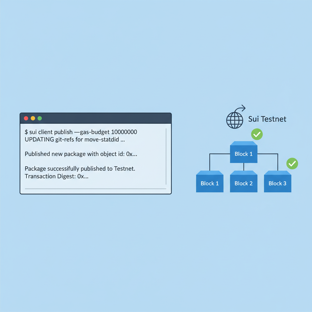 Sui CLI publishing Move package to testnet, success terminal output, blockchain network graphic