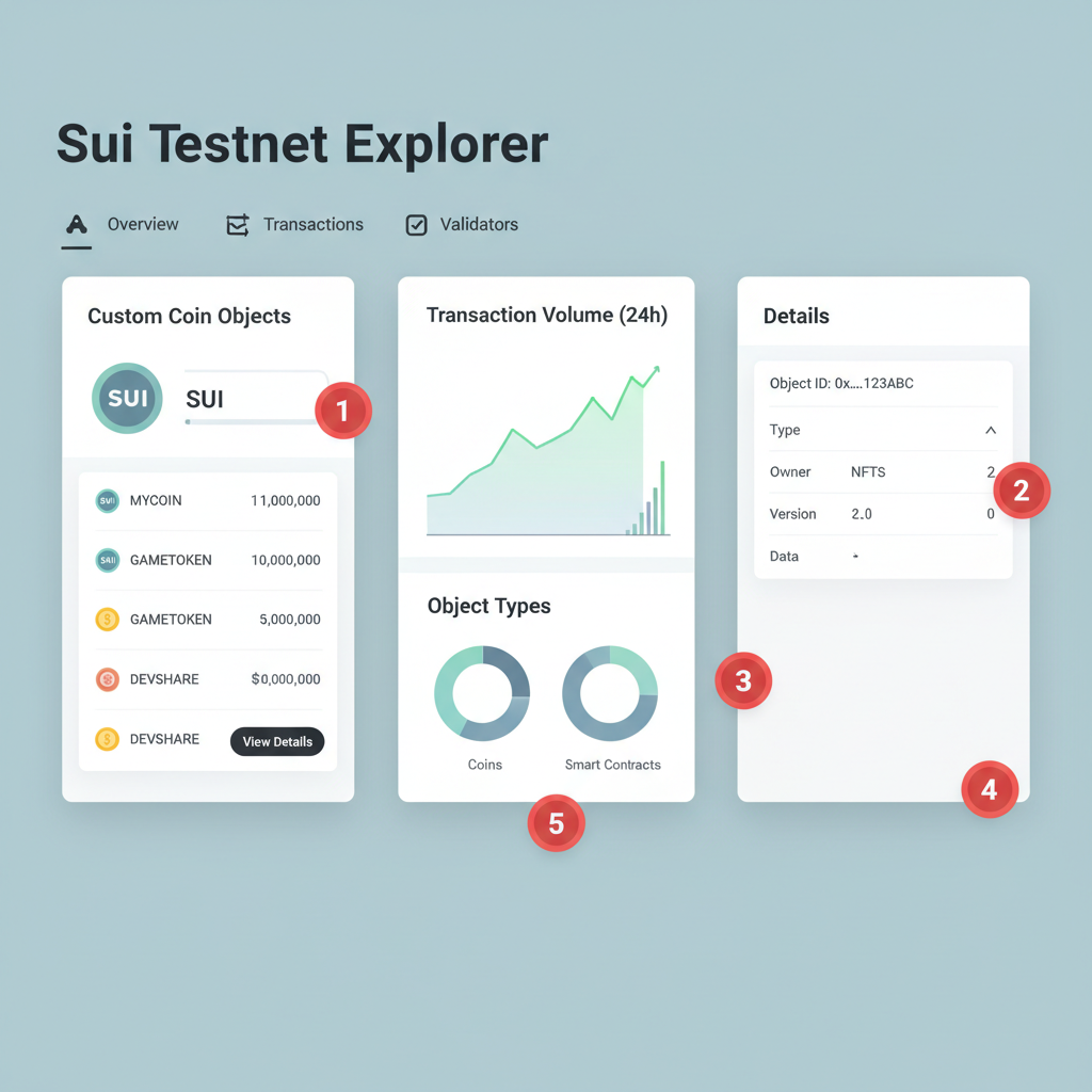 Sui testnet explorer page showing custom coin objects, charts and details, professional UI