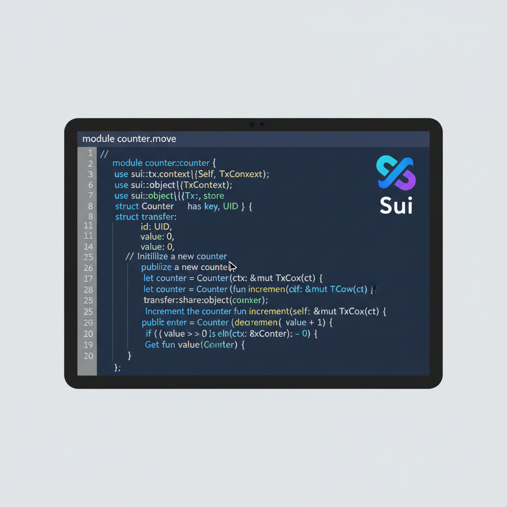 code editor with Move counter smart contract, syntax highlighted, Sui logo