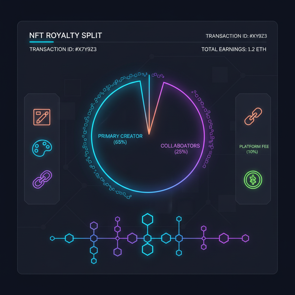 vibrant pie chart splitting NFT royalties among creators, neon blockchain glow, futuristic UI dashboard