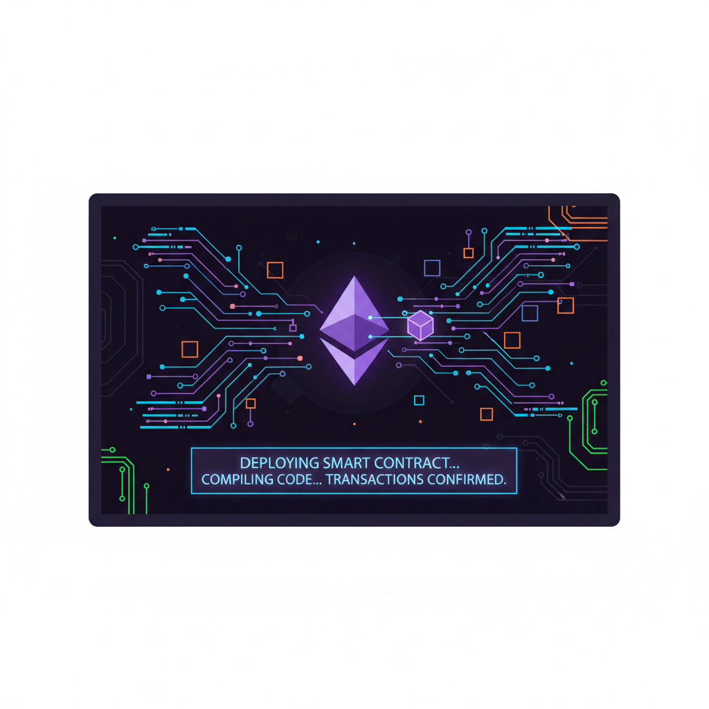 smart contract deploying on Ethereum blockchain, glowing code compiling, cyberpunk terminal screen
