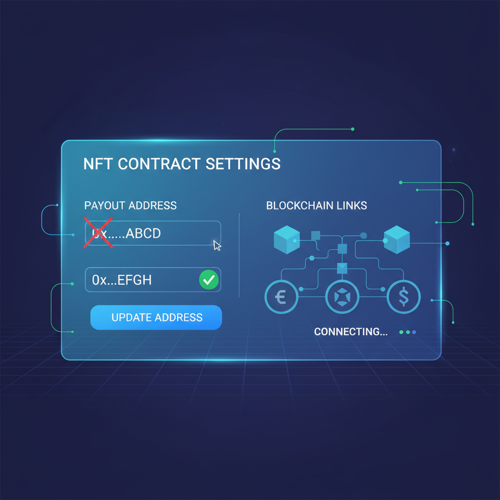 NFT contract settings panel updating payout address, blockchain links connecting, holographic interface