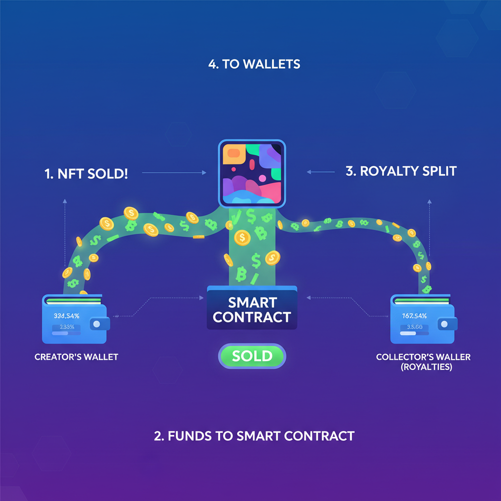 NFT sale animation with royalties splitting to wallets, money beams flowing, vibrant crypto transaction viz