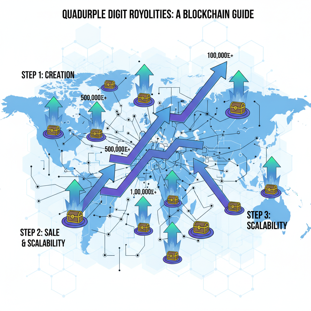 massive NFT royalty payouts scaling across blockchain network, exploding graphs upward, epic cyber scale
