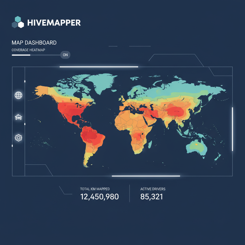 Hivemapper map dashboard showing coverage heatmap with red low-coverage areas, clean UI, tech style