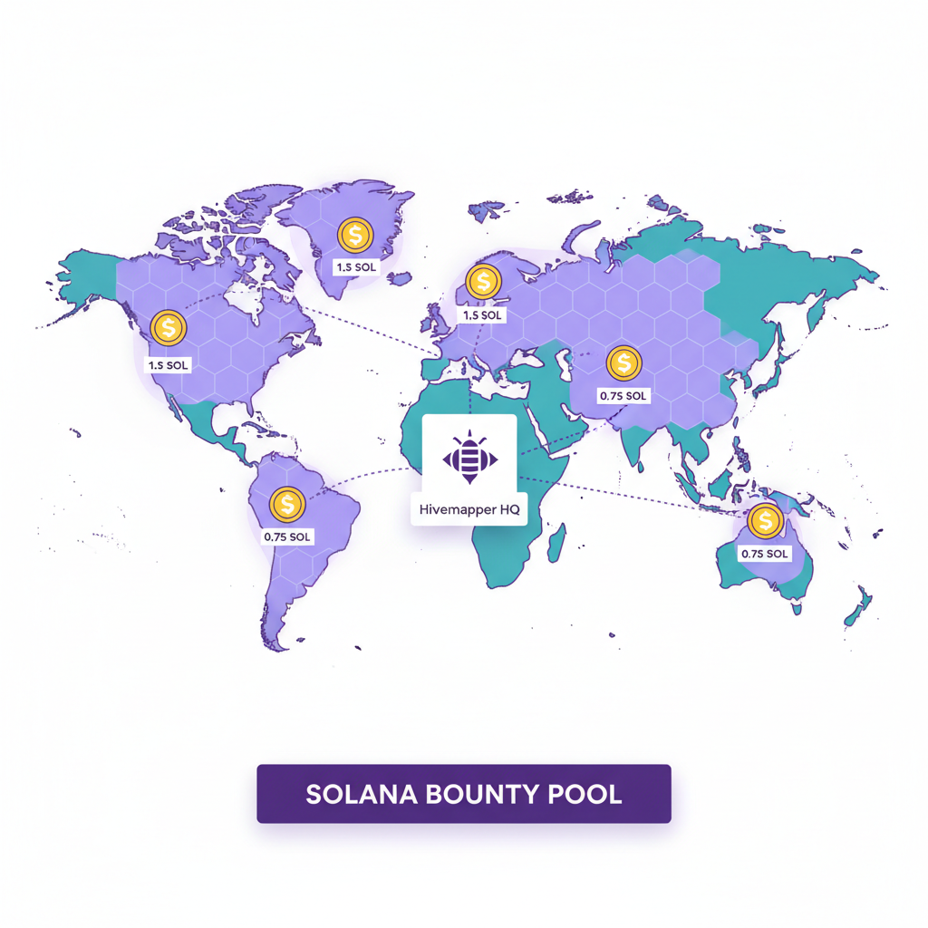 Hivemapper bounty map with highlighted zones and reward icons, Solana blockchain theme