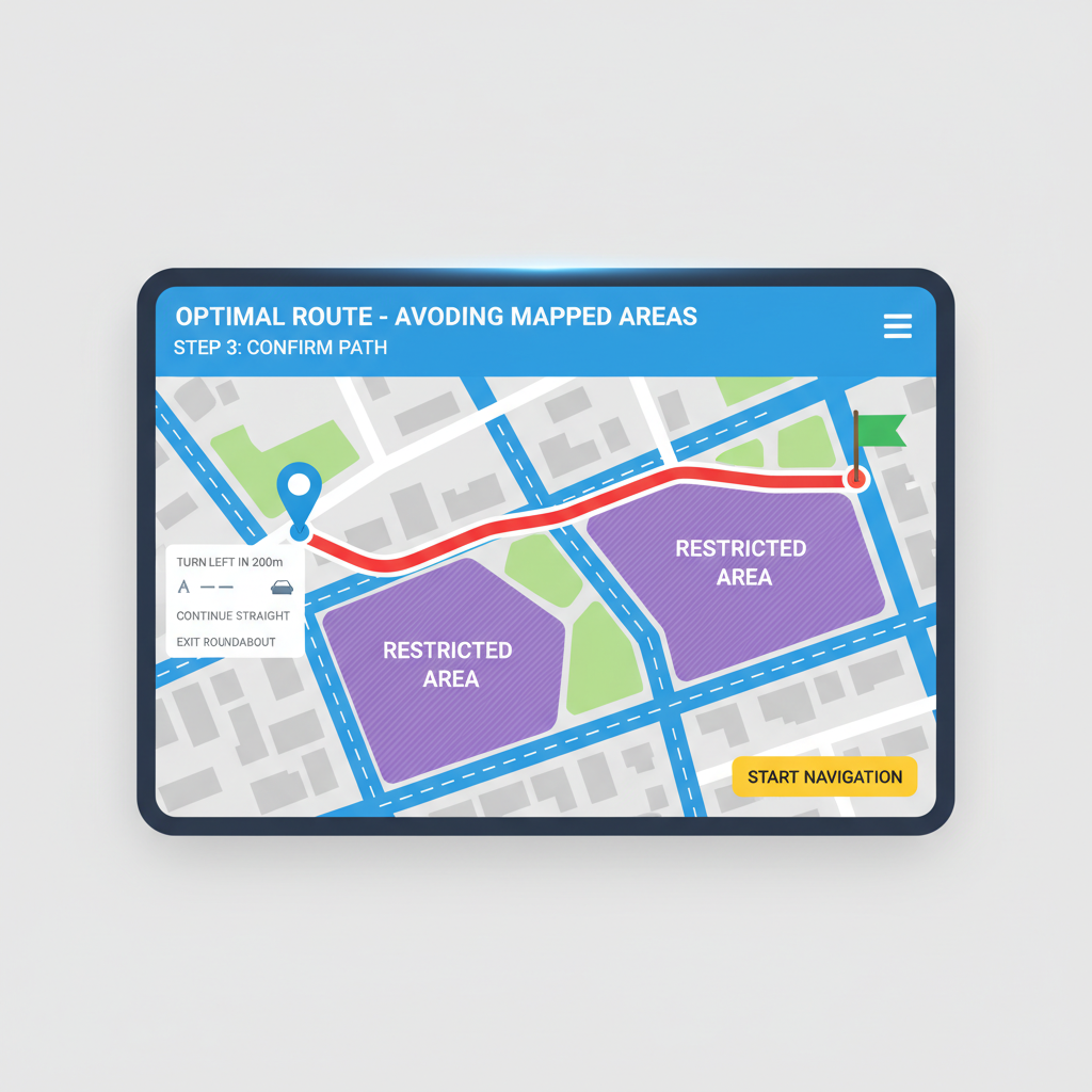 GPS route planner screen plotting optimal driving path through city avoiding mapped areas