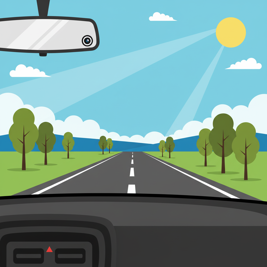 Car dashboard cam view of clear sunny road drive, high-quality street imagery capture