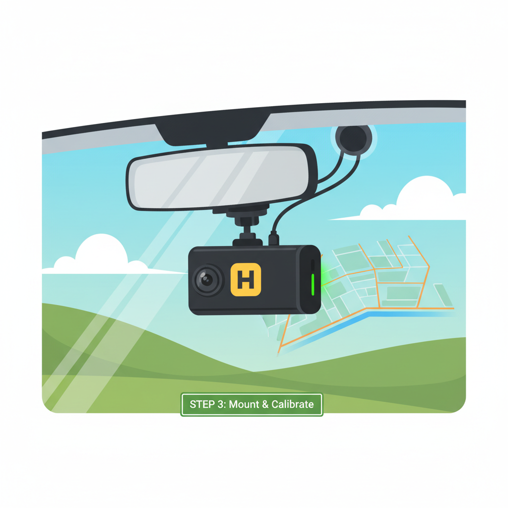 Close-up of Hivemapper dashcam installation in car windshield, clean and calibrated