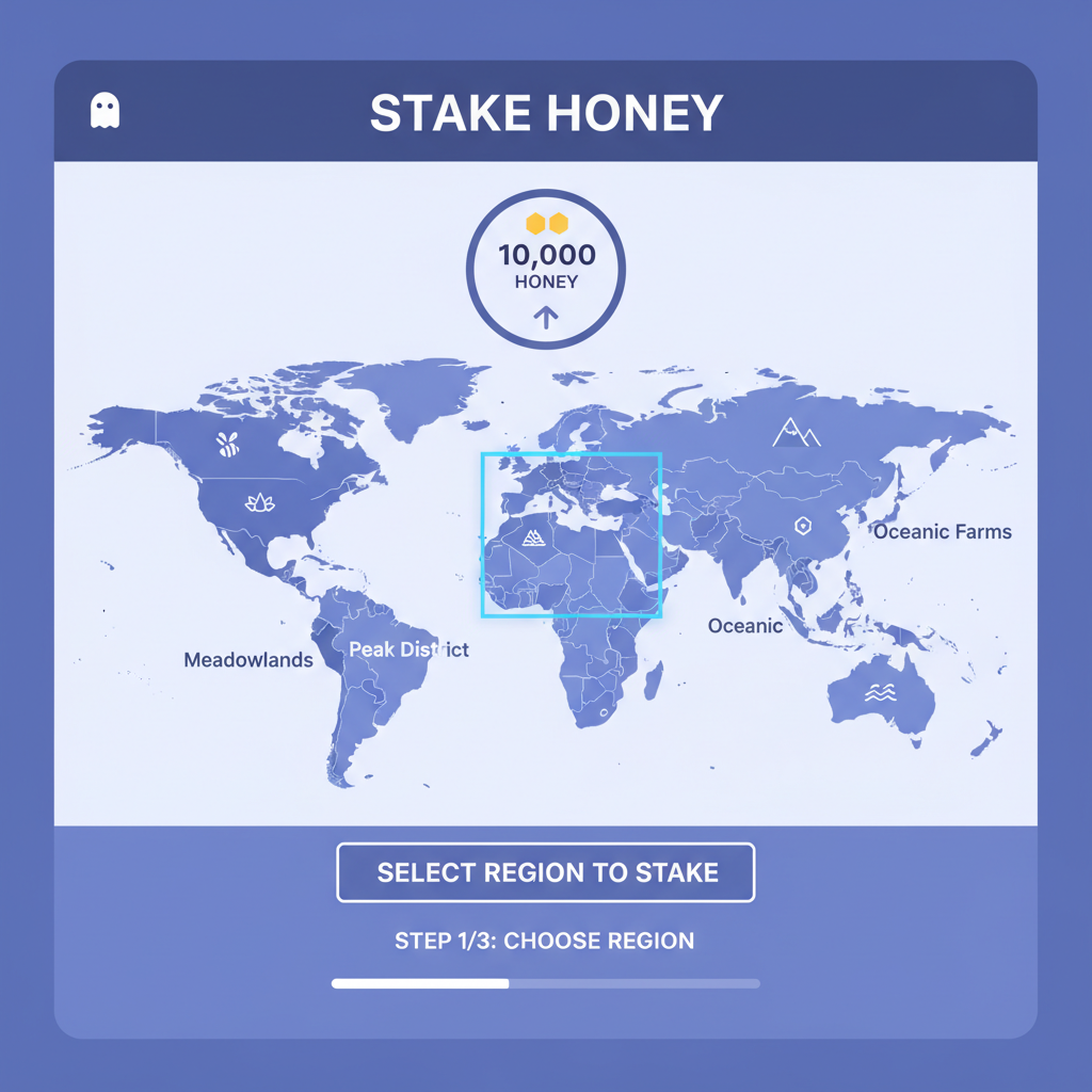 Solana wallet interface staking HONEY tokens in map region selector, Phantom app style