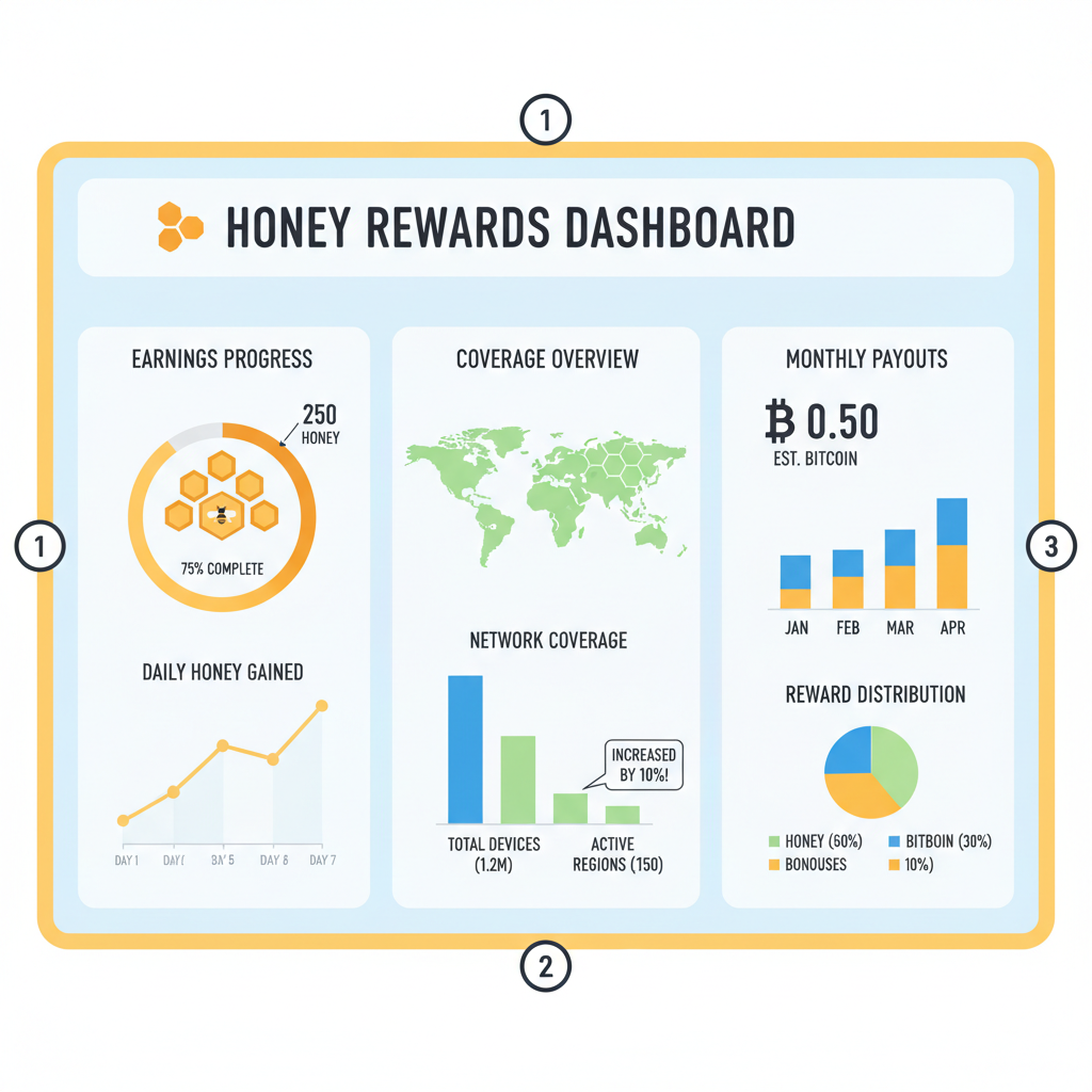 Analytics dashboard with HONEY reward charts, graphs of coverage and earnings