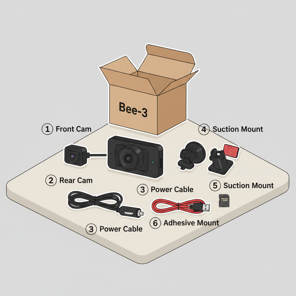 Bee-3 dashcam unboxed with components on table, clean product photo style