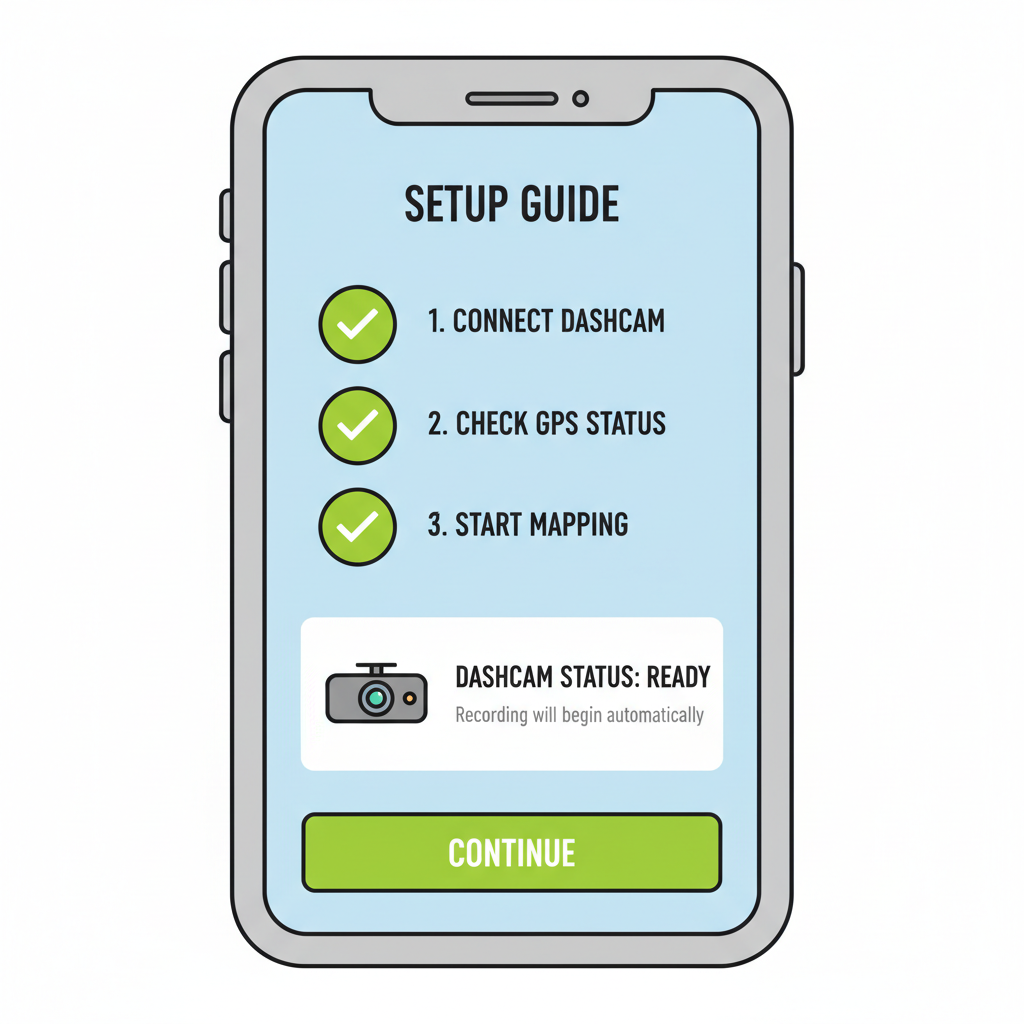 Hivemapper app dashboard with green checkmarks, dashcam status ready