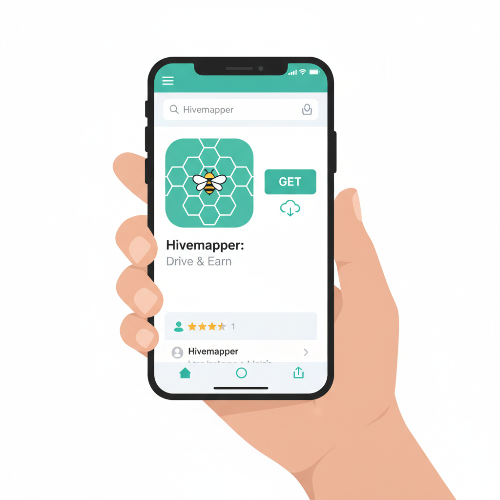 Smartphone screen showing Hivemapper app download on app store, mobile device held in hand
