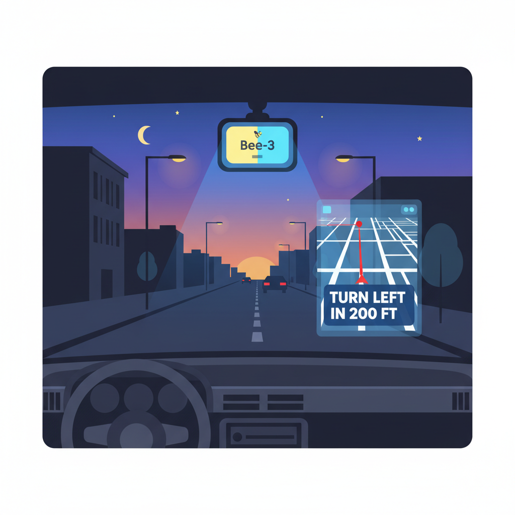 Car driving on street at dusk, Bee-3 dashcam glowing on windshield, map overlay