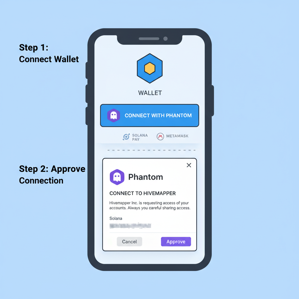 Hivemapper app screen showing wallet connection to Phantom, approval prompt