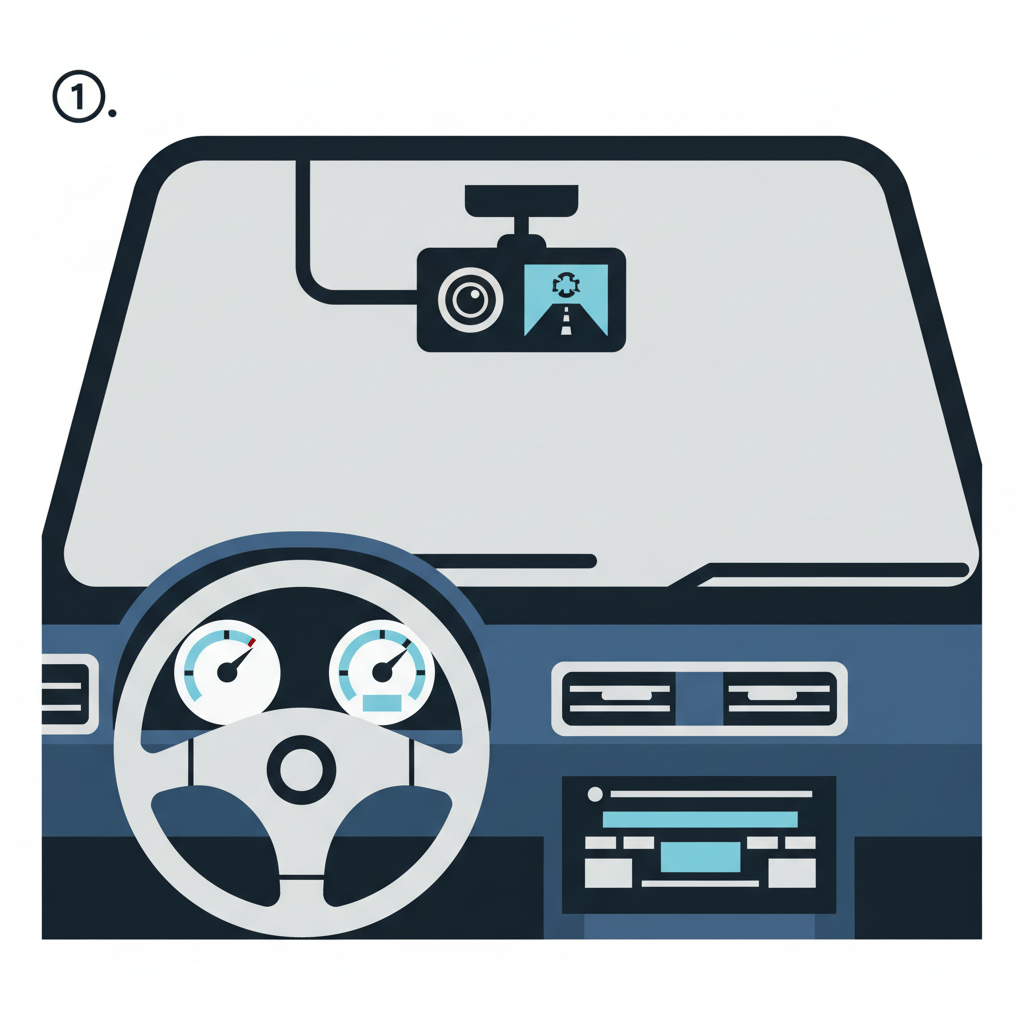 Dashcam mounted on car windshield interior view, vehicle dashboard background