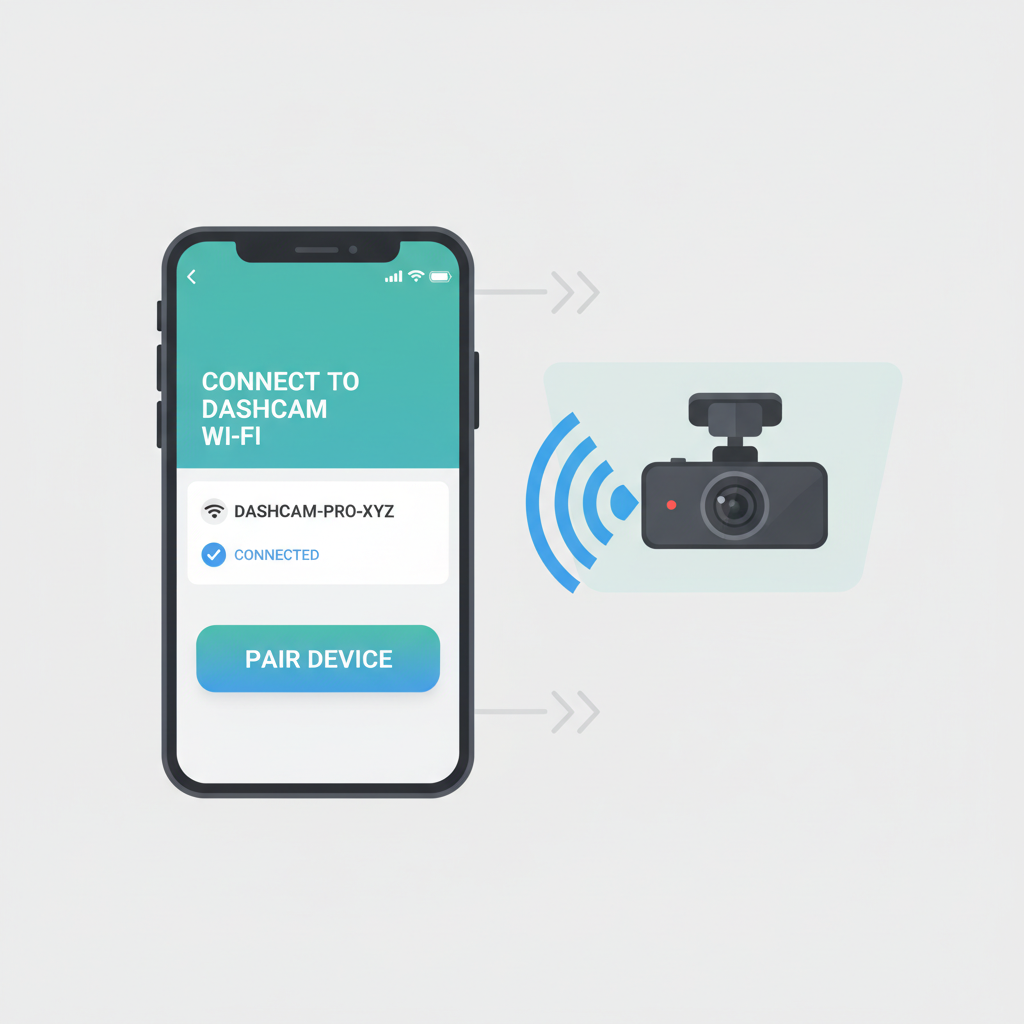 Phone connecting to dashcam Wi-Fi hotspot, app pairing screen visible