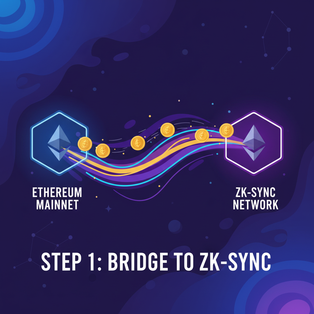 ethereum bridge to zksync glowing portal, ETH coins flowing across cosmic bridge, vibrant purple and gold, sci-fi style