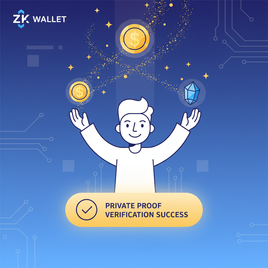 user claiming glowing reward tokens from ZK wallet, private proof verification success, triumphant golden particles, futuristic