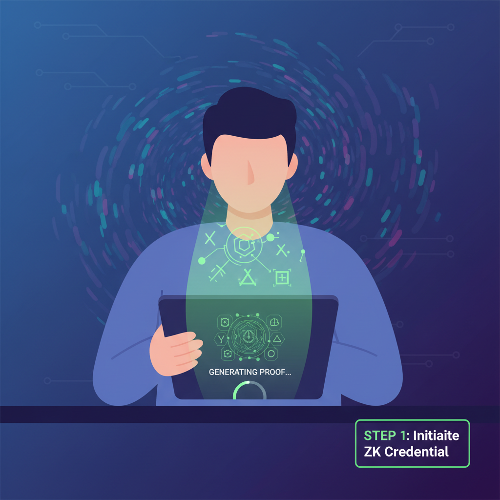 user generating ZK proof credential on tablet, abstract zero-knowledge symbols verifying data privately, ethereal green light