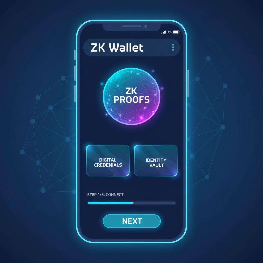sleek mobile wallet app interface with glowing ZK proofs and credentials icons, futuristic blue neon, high-tech UI