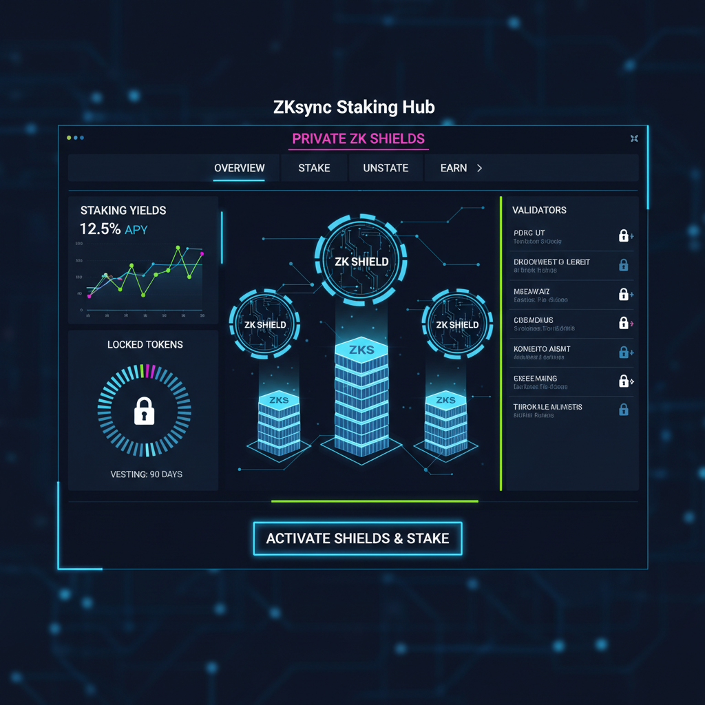 staking dashboard on ZKsync with private ZK shields protecting token stacks, dynamic charts and locks, cyber neon aesthetic