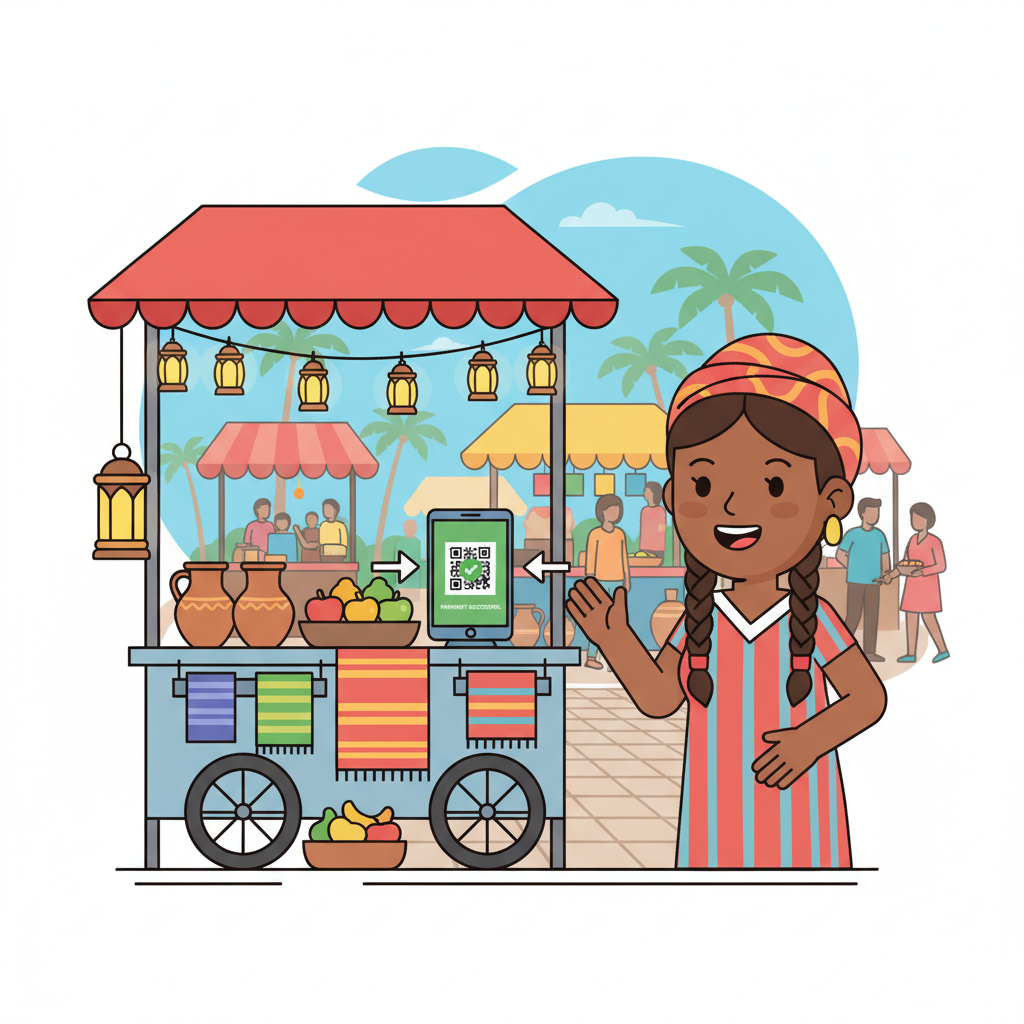 customer phone scanning vendor QR code, green checkmark success, street vendor smiling, colorful bazaar scene