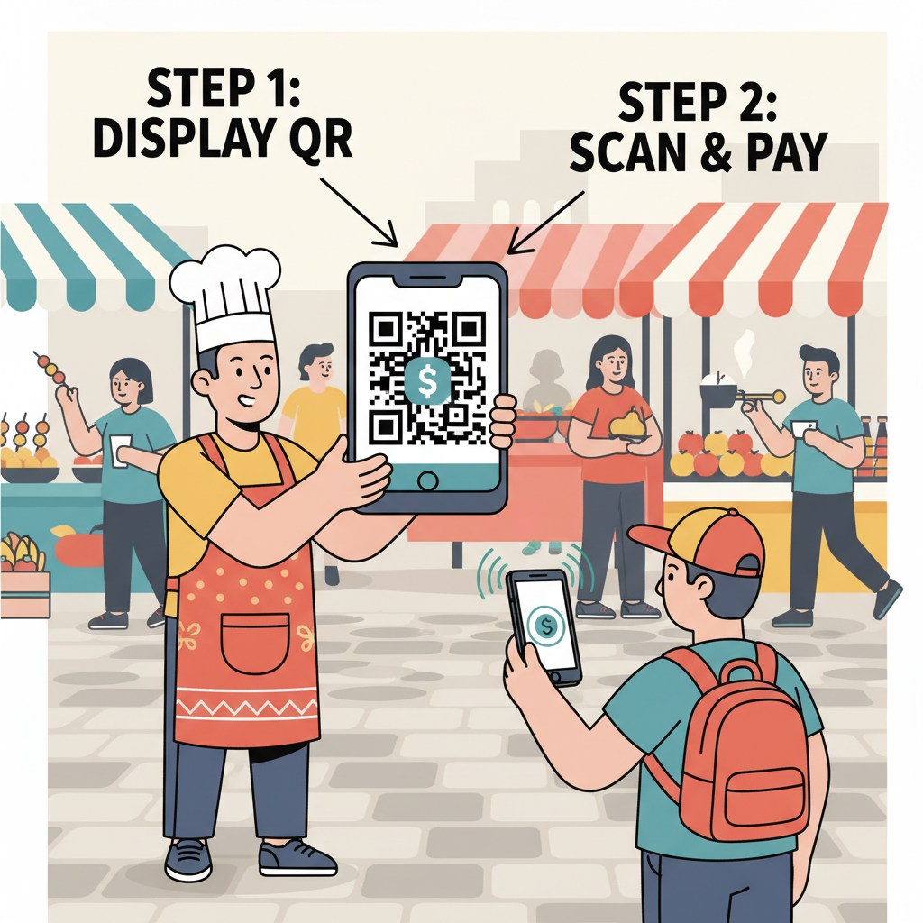 street food vendor holding phone with large QR code, customer scanning with phone, busy outdoor market, dynamic