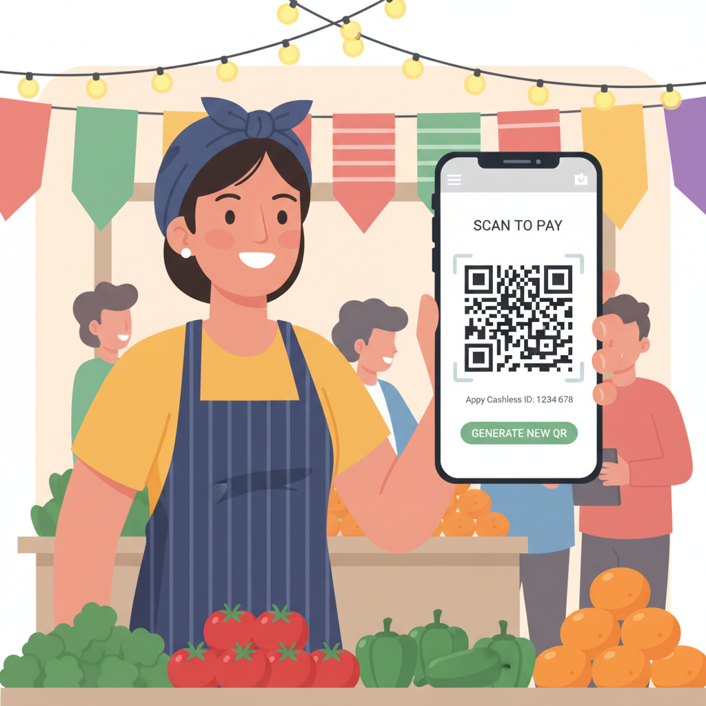 street vendor smartphone generating QR code app interface, vibrant market stall background, realistic