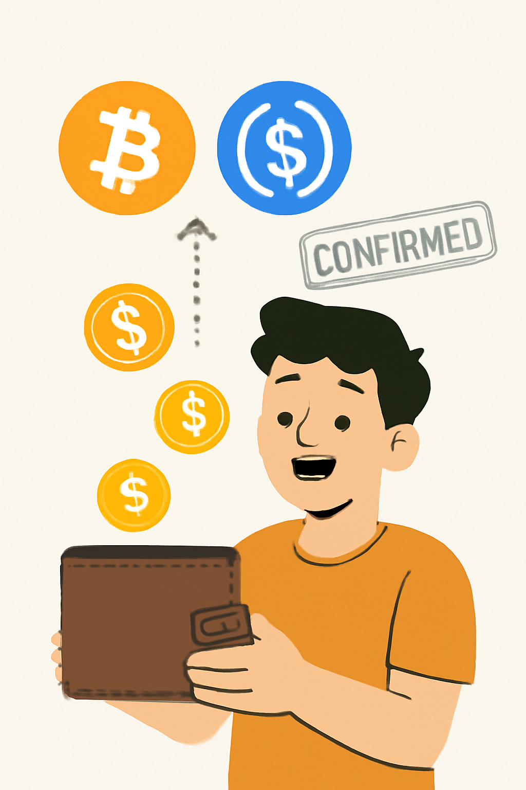A user happily receiving USDC coins into their wallet, with Bitcoin/USDC icons and a 'Confirmed' stamp, cheerful vibe.