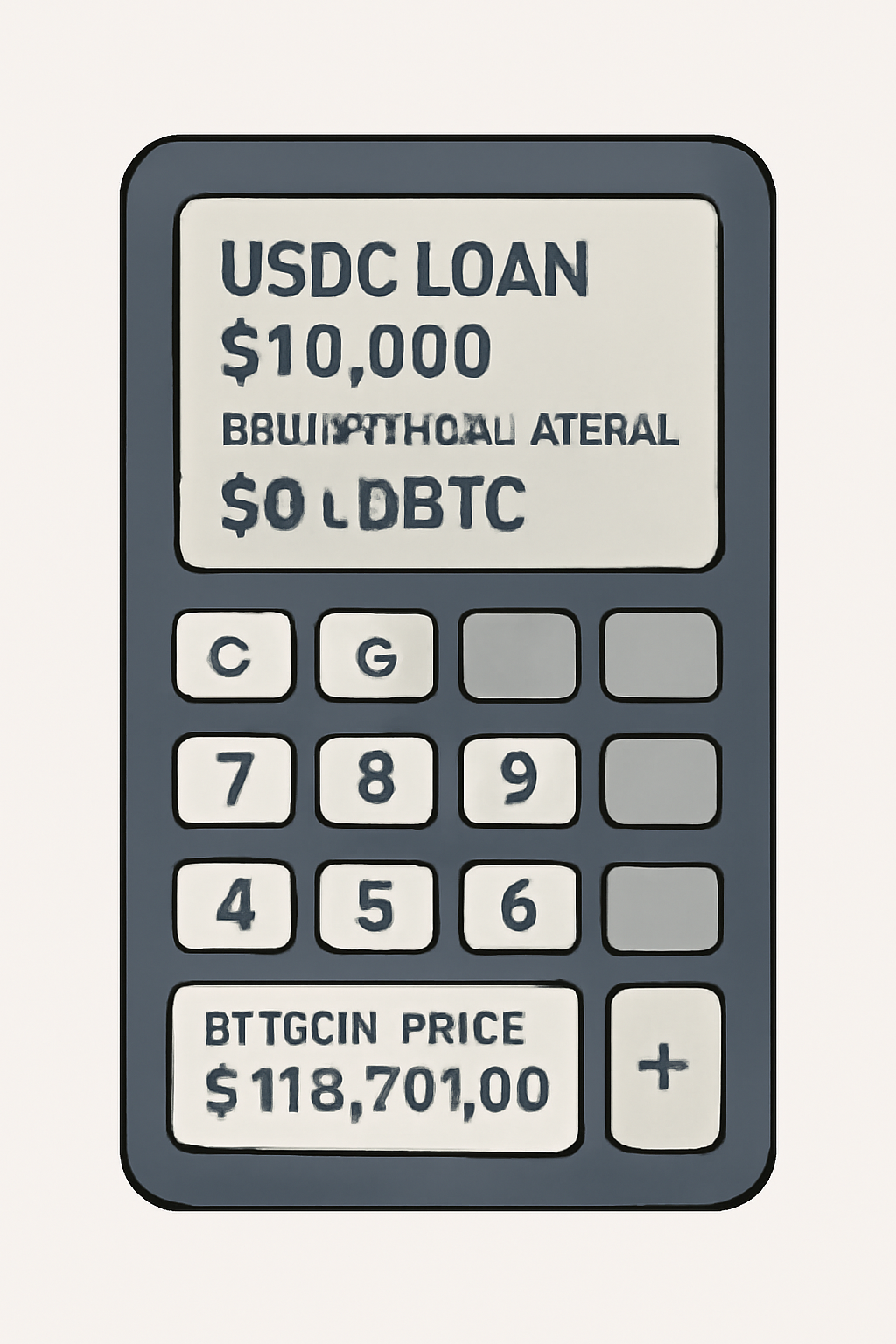 A calculator screen showing USDC loan amount and required cbBTC collateral, with Bitcoin price displayed as $118,701.00, simple and clear.