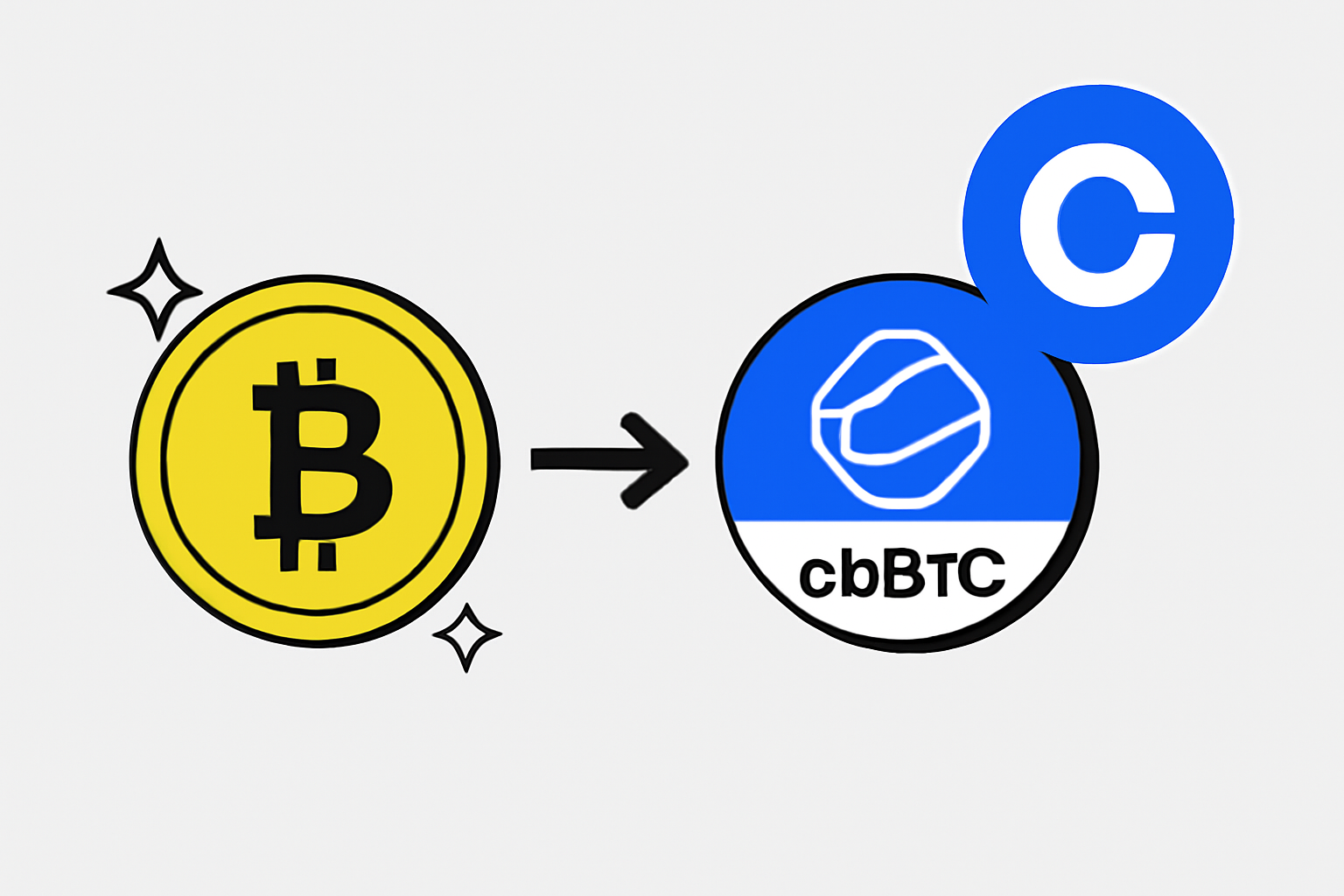 A shiny Bitcoin being transformed into a digital, wrapped token labeled 'cbBTC' with a Coinbase logo in the background, modern and clean style.