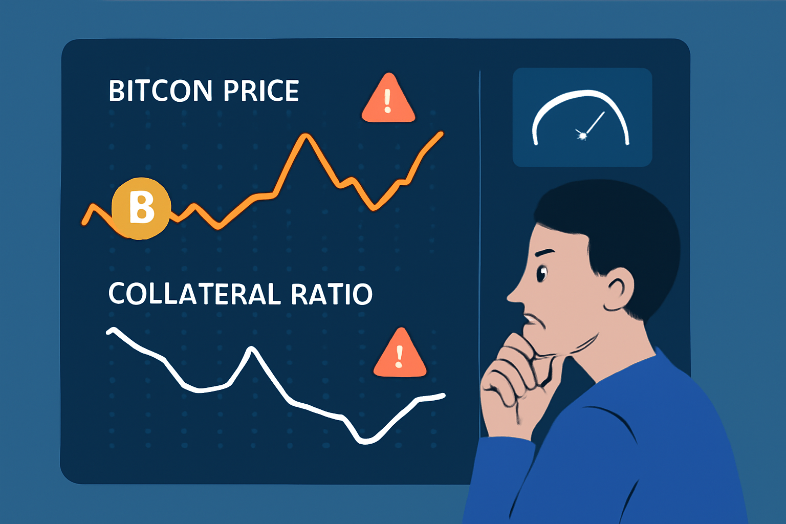 A dashboard graph showing Bitcoin price fluctuations and collateral ratio, with alert icons and a user watching closely, dynamic and engaging.