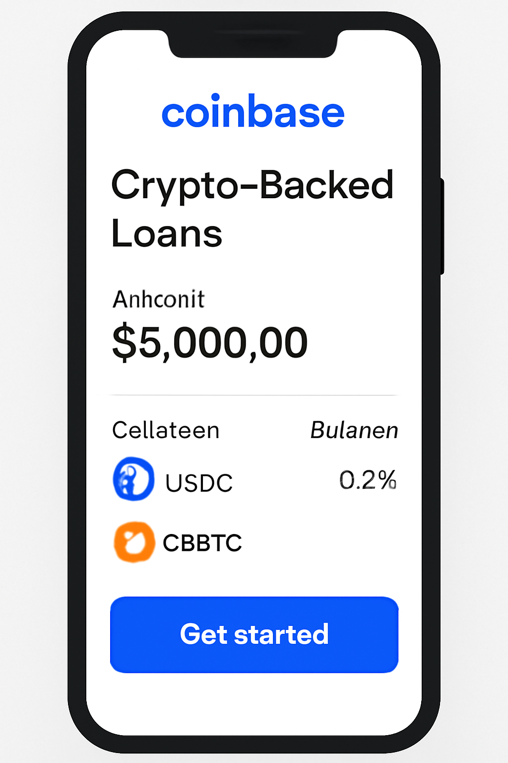 A phone screen showing the Coinbase app open to a 'Crypto-Backed Loans' dashboard, with USDC and cbBTC icons visible, user-friendly interface.