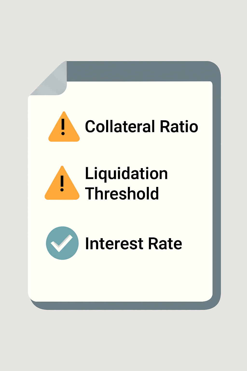 A checklist with collateral ratio, liquidation threshold, and interest rate, with warning and checkmark icons, modern and informative.