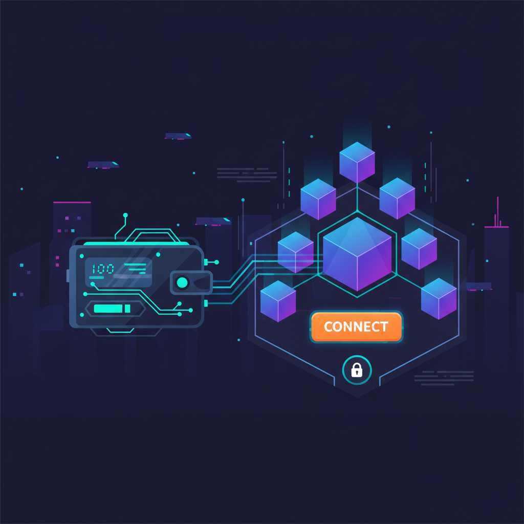 cyberpunk wallet connecting to glowing blockchain platform, neon connect button